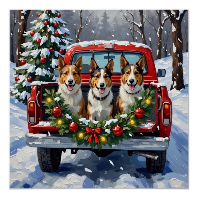 Pôster Australian Kelpie Christmas Red Truck Holiday (Frente)
