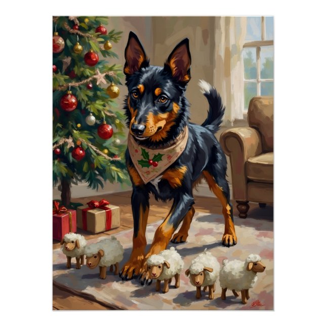 Pôster Australian Kelpie Herding Christmas Art (Frente)