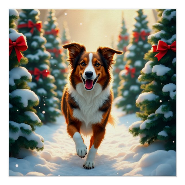 Pôster Australian Shepherd Christmas Tree Farm Painting (Frente)