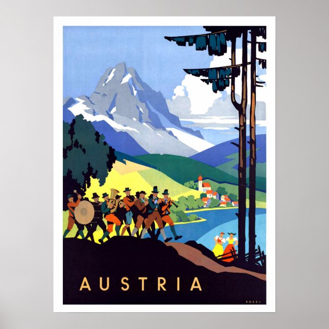 Poster Áustria, Alpes, montanhas, orquestra musical, colh (Frente)