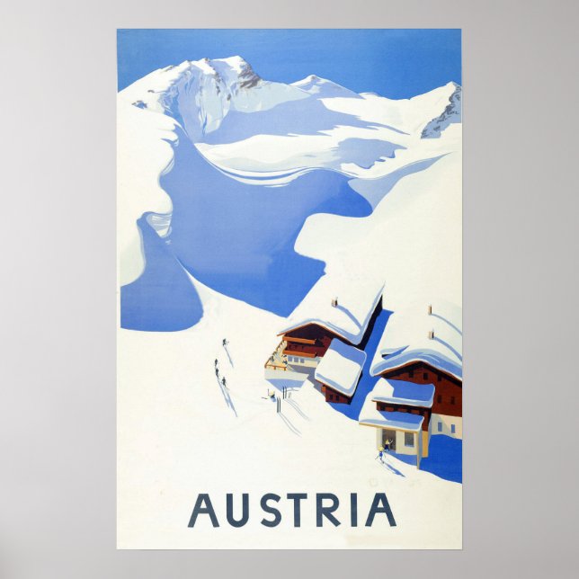 Poster Áustria, esqui, chalé nas montanhas no inverno (Frente)