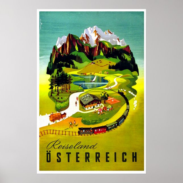 Poster Áustria, Reiseland, caminhos de ferro, viagens vin (Frente)