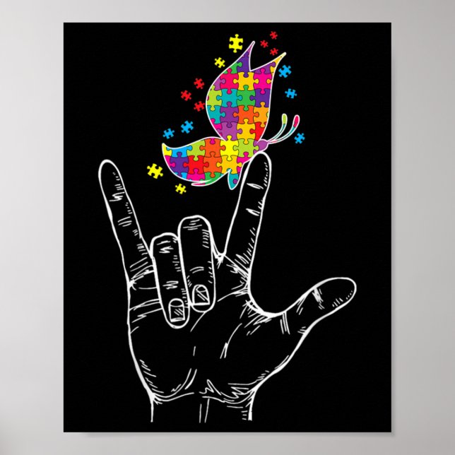 Poster Autism Awareness I Love You Asl Hand Sign Language (Frente)