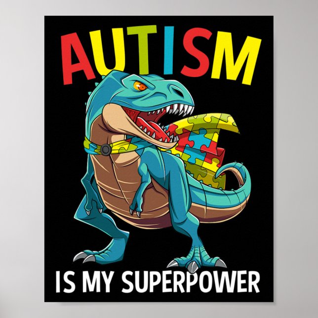 Poster Autismo É Meu Super Poder Dinossauro Quebra-cabeça (Frente)