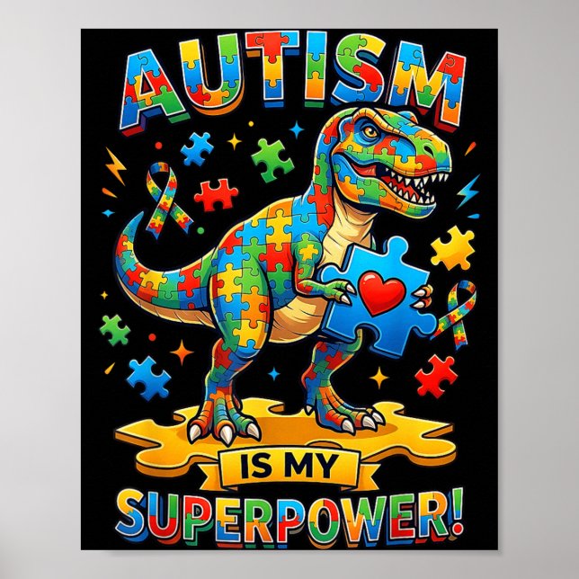 Poster Autismo é Superpoder T-rex Dino Conscientização do (Frente)