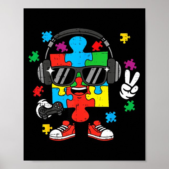 Poster Autismo jogador quebra-cabeça fone de ouvido consc (Frente)