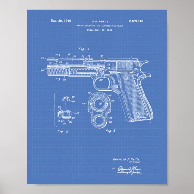 Poster Automatic Pistols 1949 Patent Art Blueprint (Frente)