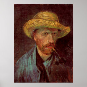 Pôster Autoretrato Van Gogh com Chapéu e Pipe de Palha