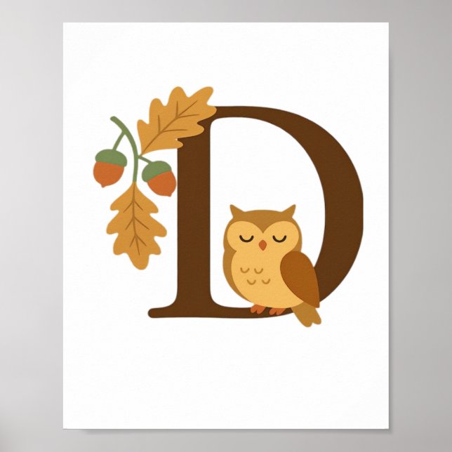 Poster Autumn Alphabet Monograma - Letra D - Coruja com O (Frente)