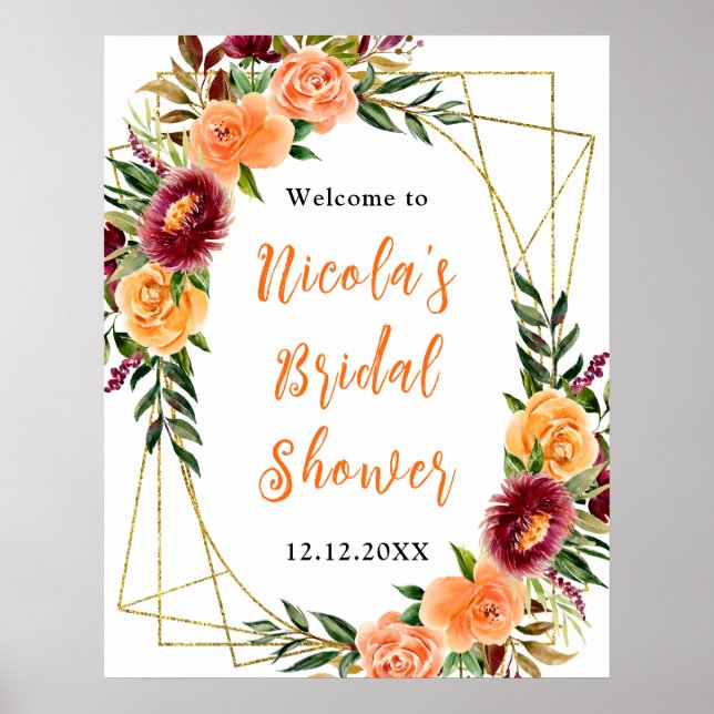Poster Autumn and Burgundy Orange Bridal Shower Welcome (Frente)