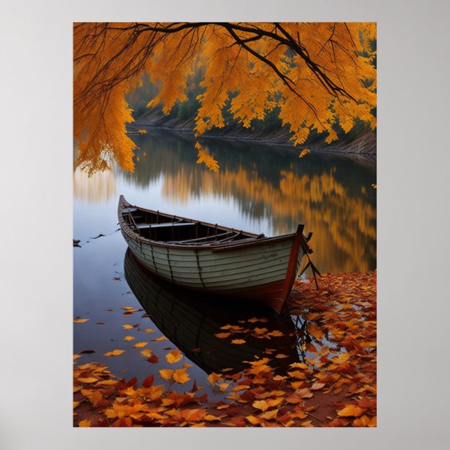 Poster Autumn Boat a Tranquil River Wall Art (Frente)