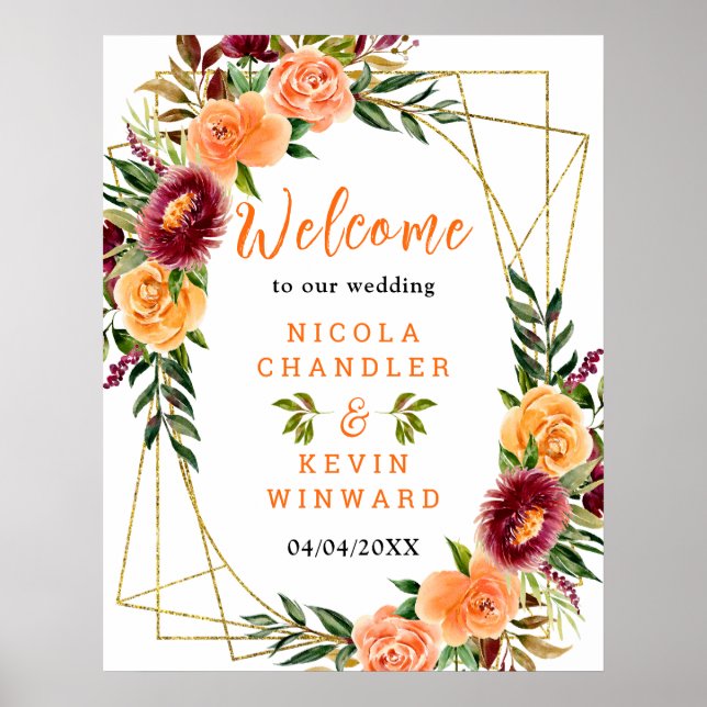 Poster Autumn Burgundy Orange Floral Wedding Welcome Sign (Frente)
