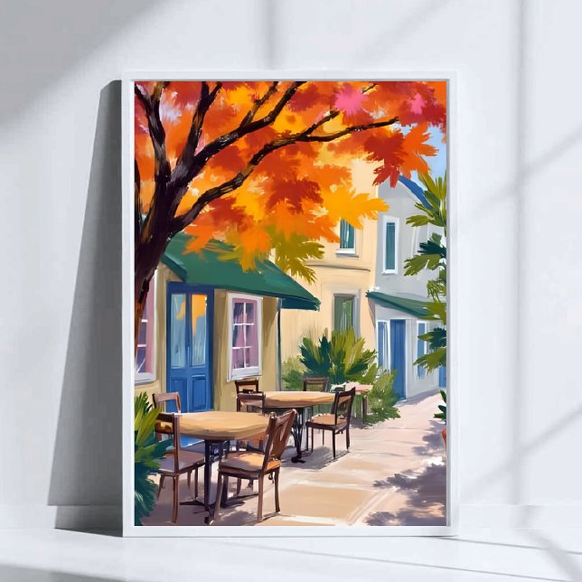 Poster Autumn Cafe Watercolor Fall Foliage Art (Criador carregado)