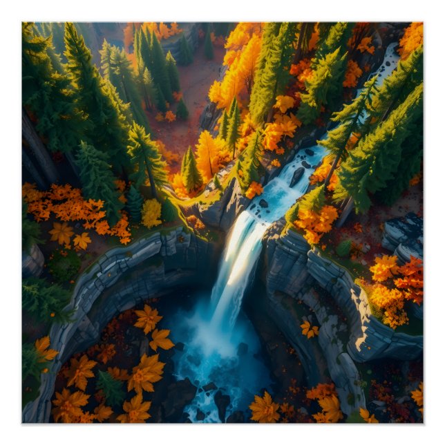 Pôster Autumn Canyon Waterfall – Vibrant Fall Forest Land (Frente)