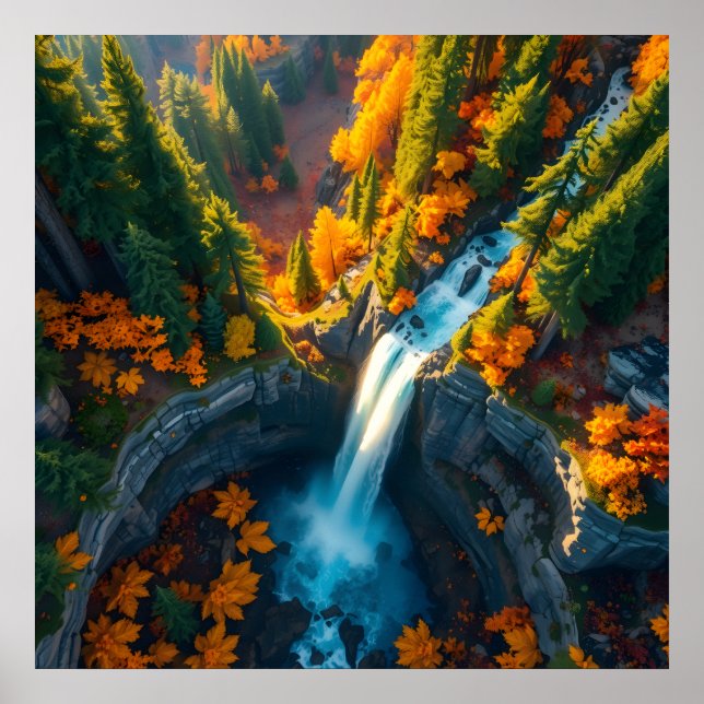 Poster Autumn Canyon Waterfall – Vibrant Fall Forest Land (Frente)