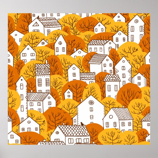 Poster Autumn Cityscape, Trees Houses Pattern. (Frente)