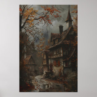 Poster Autumn Cottage Art Print, Rustic Fall Wall Art