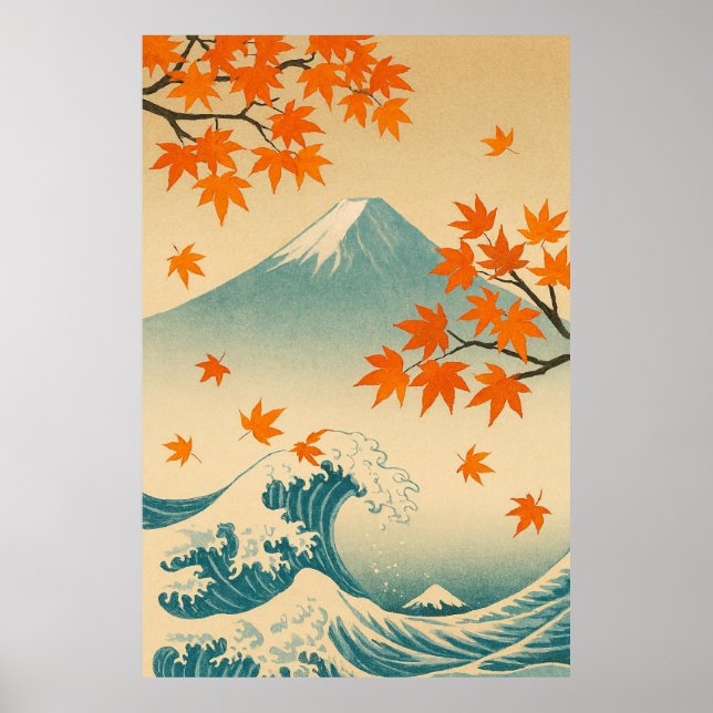 Poster Autumn Currents: Maple Leaves and Fuji’s Horizon (Frente)