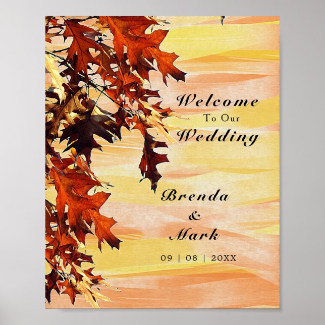 Poster Autumn Deixa Orange Yellow Swirl Bem-vindo Casamen (Frente)