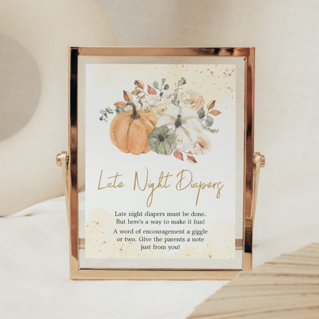 Poster Autumn Fall Floral Pumpkin Tarde Fraldas Noturnas (A Little Pumpkin Baby Shower Late Night Diapers Sign)
