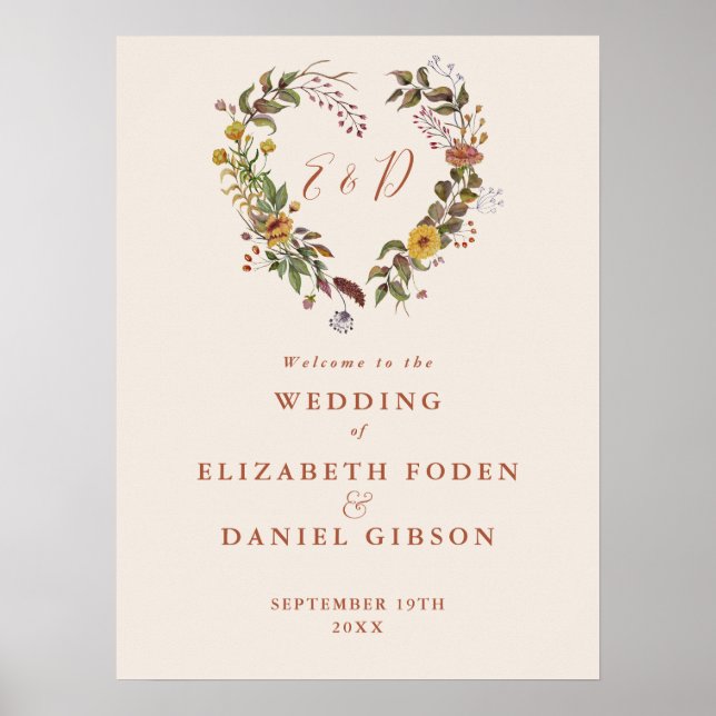 Poster Autumn Fall Rustic Floral Weding Sinal Sinal de Bo (Frente)