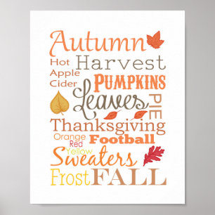 Pôster Autumn Fall Typografia Wall Art