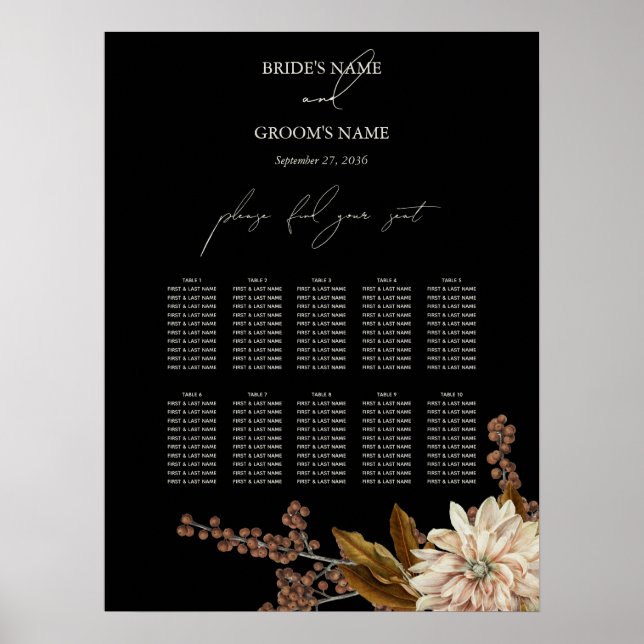 Poster Autumn Floral Black Watercolor Sating Chart (Frente)