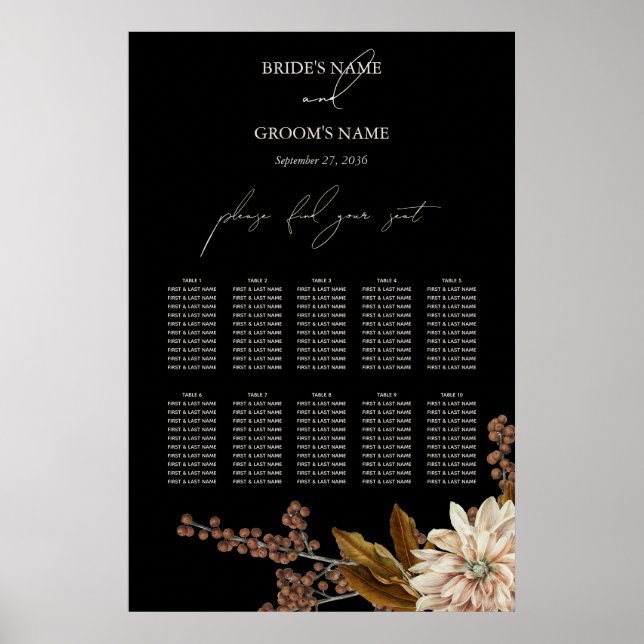 Poster Autumn Floral Black Watercolor Sating Chart (Frente)