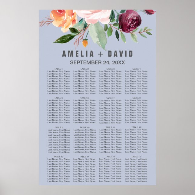 Poster Autumn Floral Dusty Blue Seating Chart (Frente)