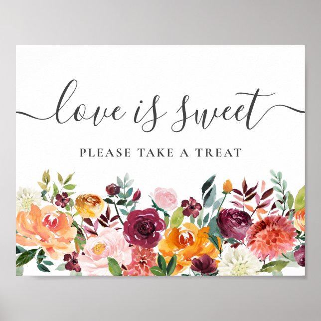Poster Autumn Floral Love is Sweet Dessert Bar Sinal (Frente)
