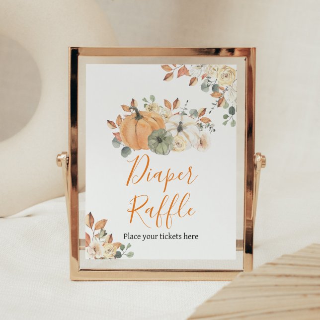 Poster Autumn Floral Pumpkin Fralda Raffle (Autumn Pumpkin Baby Shower Diaper Raffle Sign)