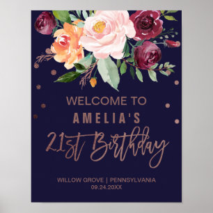 Poster Autumn Floral Rosa Dourada aniversário de 21 anos