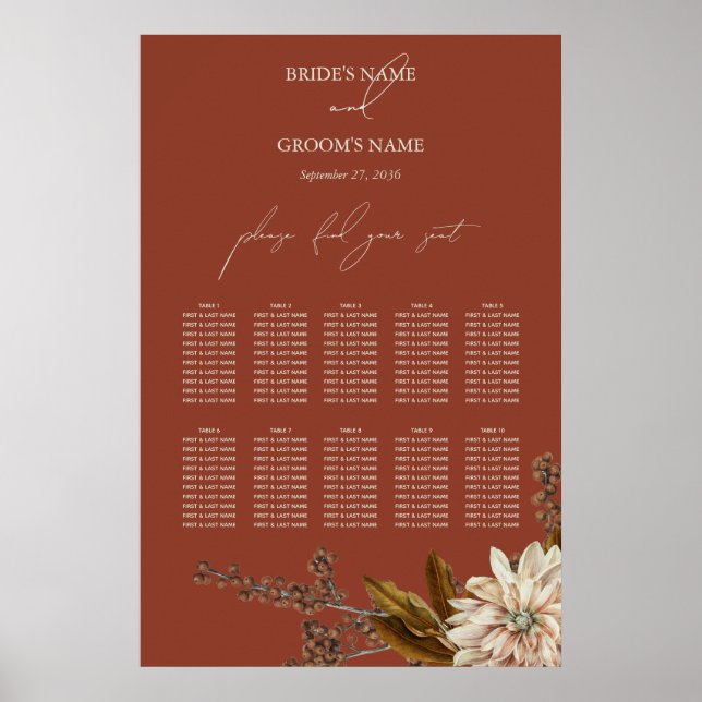Poster Autumn Floral Terracotta Watercolor Seating Chart (Frente)