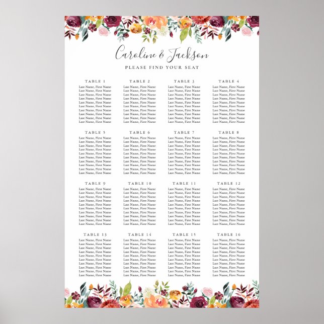 Poster Autumn Flowers Elegant Wedding Seating Chart (Frente)