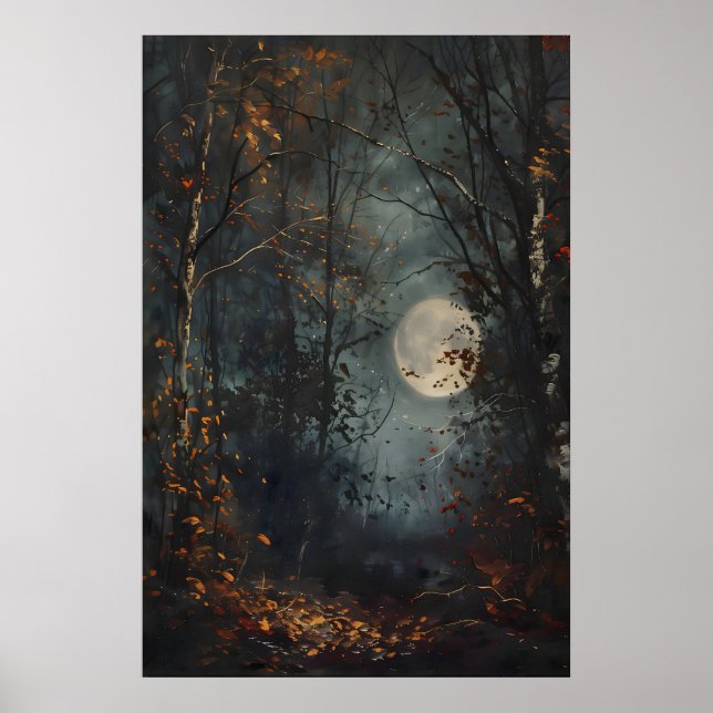 Poster Autumn Full Moon Dark Forest Art Print, Dark Cotta (Frente)