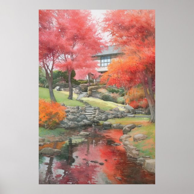 Poster Autumn Japonês Modern Garden Watercolor (Frente)