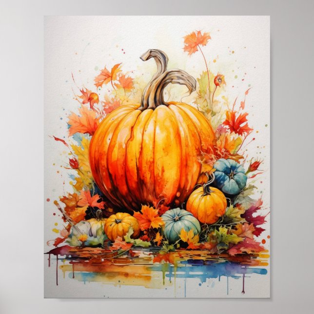 Poster Autumn Magic: Pumpkins em Vivid Watercolor (Frente)