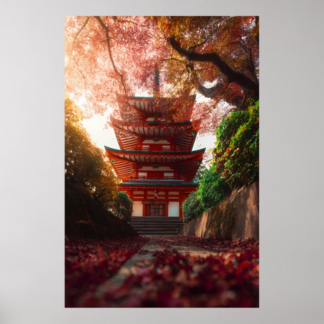 Poster Autumn Maple Pagoda Temple Staircase Glow (Frente)