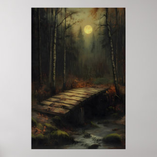 Poster Autumn Moonlit Forest Bridge Rustic Woodland Art