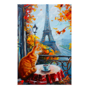Pôster Autumn Parisiense Ginger Cat em um café