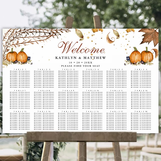Poster Autumn Pumpkin Botanical Wedding 18 Mesa Seating (Criador carregado)