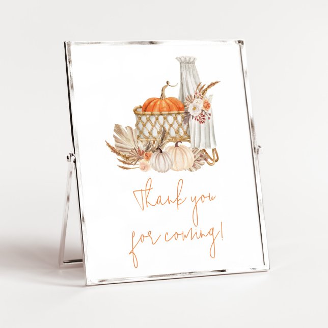 Poster Autumn Pumpkin Fall in Love Obrigado por vir (Boho Orange Pumpkin Baby Shower Thank you for Coming Sign)