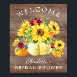 Poster Autumn Pumpkin Sunflower Chá de panela Bem-vindo<br><div class="desc">Linda cor d'água, girassóis amarelos florais, abóboras buquês, sinal de boas-vindas ao chá. Visite o nosso compro para ver toda a nossa coleção floral de girassol</div>