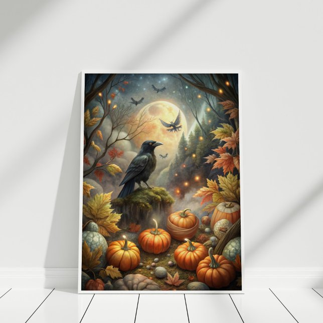 Poster Autumn Raven Wall Art - Floresta Mística de Lua Co (Autumn Raven Wall Art – Mystical Full Moon Forest in a white wooden frame)