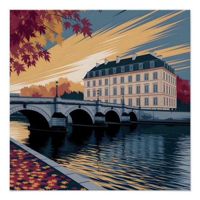 Pôster Autumn Riverside European City Illustration Art (Frente)