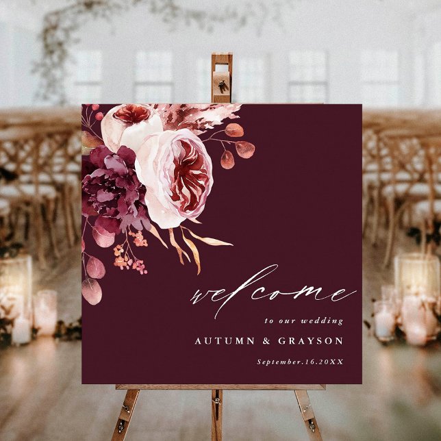 Poster Autumn Romance Burgundy Floral Wedding Welcome (Criador carregado)