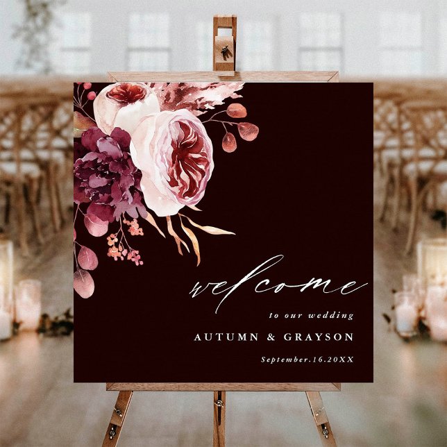 Poster Autumn Romance Dark Burgundy Wedding Welcome (Criador carregado)