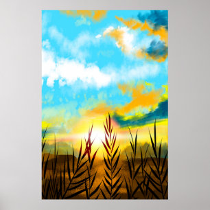 Poster Autumn Scenery Wheat Field Sunset