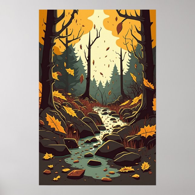 Poster Autumn Stream em Woods Orange Brown Green (Frente)