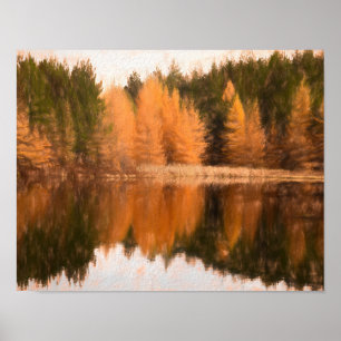 Poster Autumn Trees Lake Orange Fall Themed Sketch Art